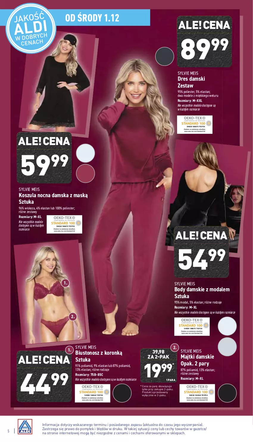 Gazetka promocyjna Aldi - Katalog Moda i Dom - ważna 01.12 do 04.12.2021 - strona 5 - produkty: Biustonosz, Body, Dres, Kosz, Koszula, Koszula nocna, Majtki, Moda