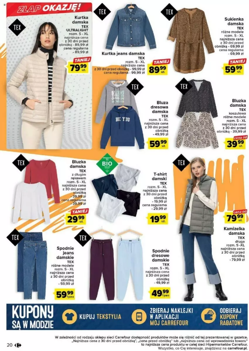 Gazetka promocyjna Carrefour - ważna 22.08 do 09.09.2023 - strona 13 - produkty: Bluza, Dres, Kamizelka, Klej, Kosz, Kurtka, Spodnie, Spodnie jeans, Sukienka, T-shirt