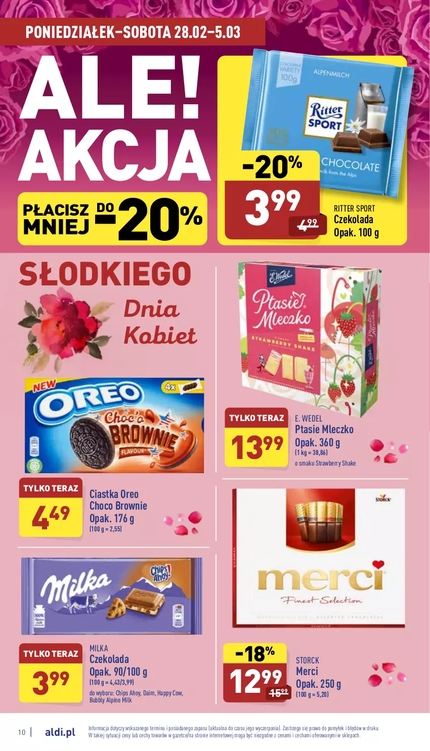 Gazetka promocyjna Aldi - Pełny katalog - ważna 28.02 do 05.03.2022 - strona 10 - produkty: Brownie, Ciastka, Czekolada, E. Wedel, Merci, Milka, Mleczko, Oreo, Por, Ptasie mleczko, Ritter Sport, Sport, Tera