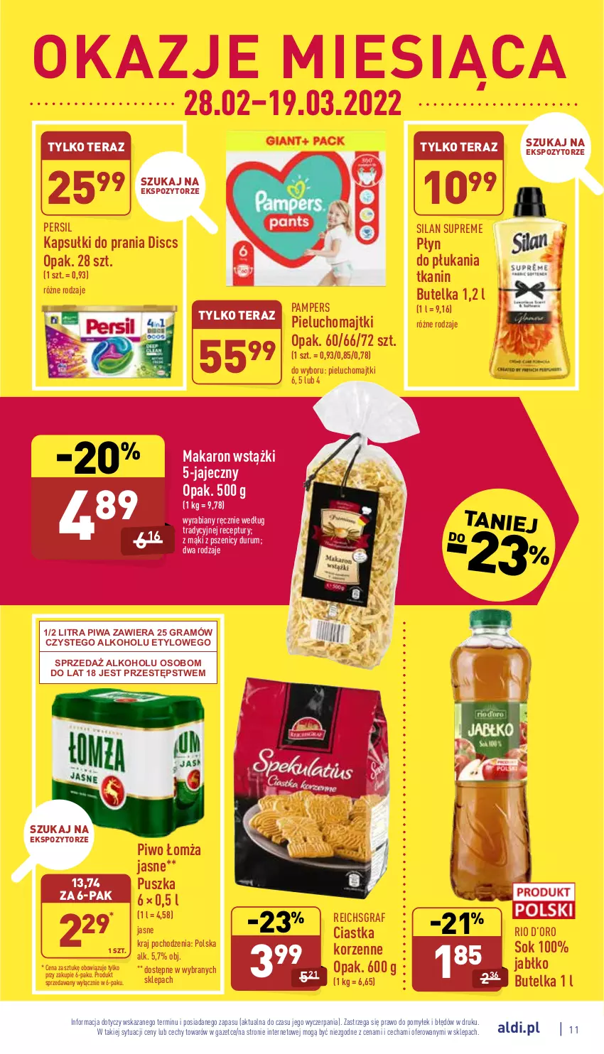 Gazetka promocyjna Aldi - Pełny katalog - ważna 28.02 do 05.03.2022 - strona 11 - produkty: Ciastka, Gra, Kapsułki do prania, Majtki, Makaron, Pampers, Persil, Pieluchomajtki, Piwa, Piwo, Płyn do płukania, Reichsgraf, Rum, Silan, Sok, Tera