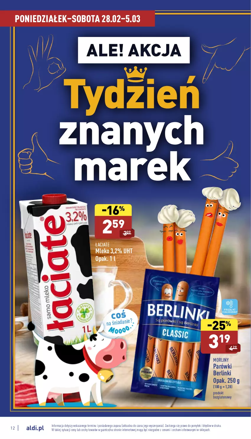 Gazetka promocyjna Aldi - Pełny katalog - ważna 28.02 do 05.03.2022 - strona 12 - produkty: Berlinki, Mleko, Morliny, Parówki