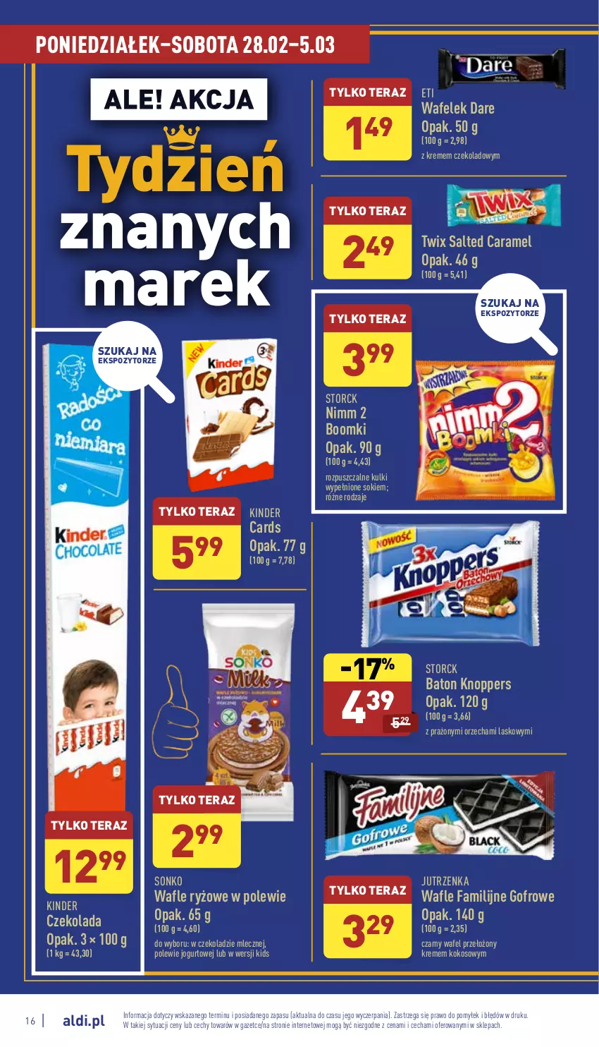 Gazetka promocyjna Aldi - Pełny katalog - ważna 28.02 do 05.03.2022 - strona 16 - produkty: Baton, Czekolada, Fa, Jogurt, Jutrzenka, Kinder, Knoppers, Kokos, Ryż, Sok, Sonko, Tera, Twix, Wafelek, Wafle