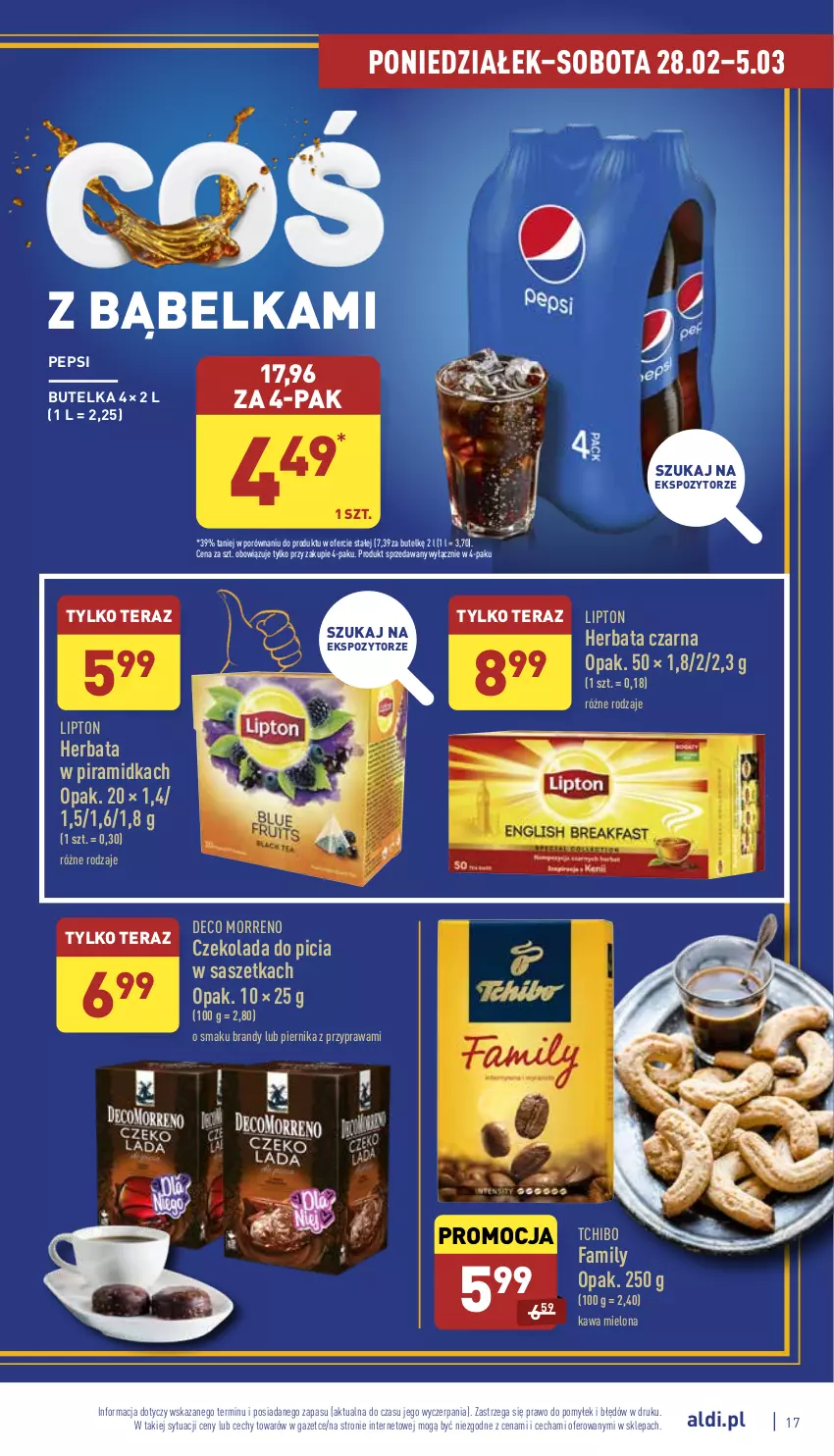 Gazetka promocyjna Aldi - Pełny katalog - ważna 28.02 do 05.03.2022 - strona 17 - produkty: Brandy, Czekolada, Fa, Herbata, Herbata czarna, Kawa, Kawa mielona, Lipton, Pepsi, Piernik, Por, Tchibo, Tchibo Family, Tera