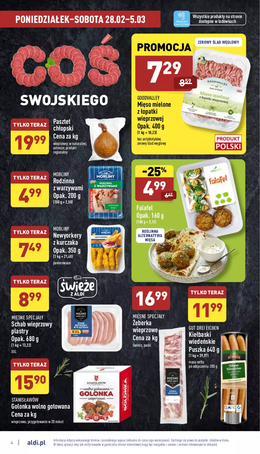 Gazetka promocyjna Aldi - Pełny katalog - ważna 28.02 do 05.03.2022 - strona 4 - produkty: Fa, Kurczak, Lodówka, Mięsne specjały, Mięso, Mięso mielone, Mięso mielone z łopatki wieprzowej, Morliny, Pasztet, Schab wieprzowy, Tera, Warzywa