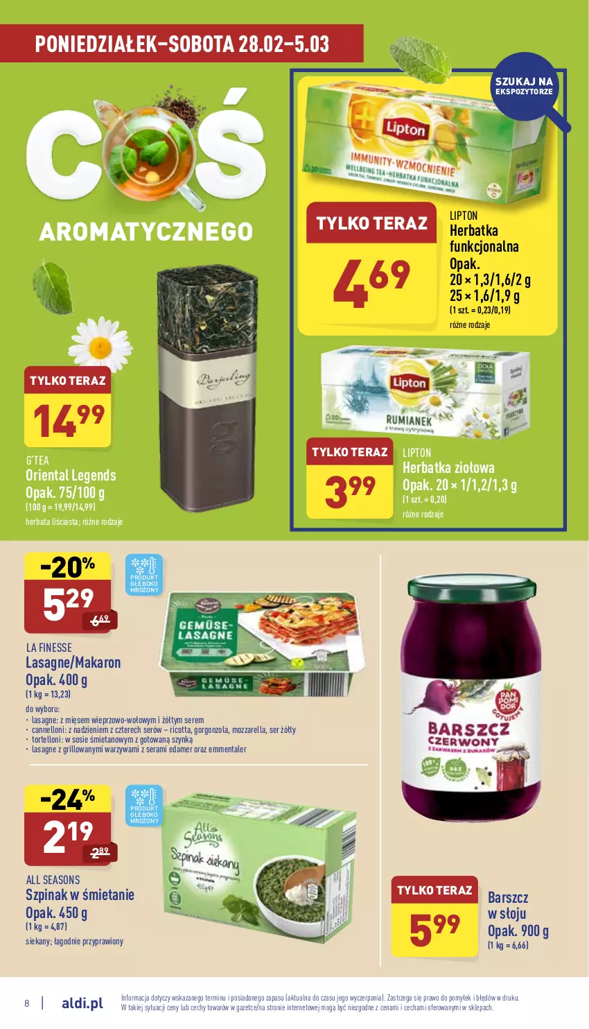 Gazetka promocyjna Aldi - Pełny katalog - ważna 28.02 do 05.03.2022 - strona 8 - produkty: All Seasons, Edam, Emmental, Gorgonzola, Grill, Herbata, Lasagne, Lipton, Makaron, Mozzarella, Ricotta, Ser, Sos, Szpinak, Tera, Tortelloni, Warzywa