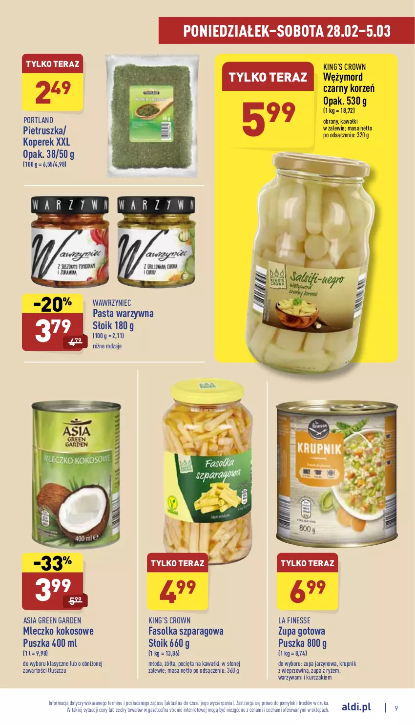 Gazetka promocyjna Aldi - Pełny katalog - ważna 28.02 do 05.03.2022 - strona 9 - produkty: Fa, Kawa, King’s Crown, Kokos, Krupnik, Kurczak, Mleczko, Pasta warzywna, Pietruszka, Por, Ryż, Tera, Warzywa, Zupa