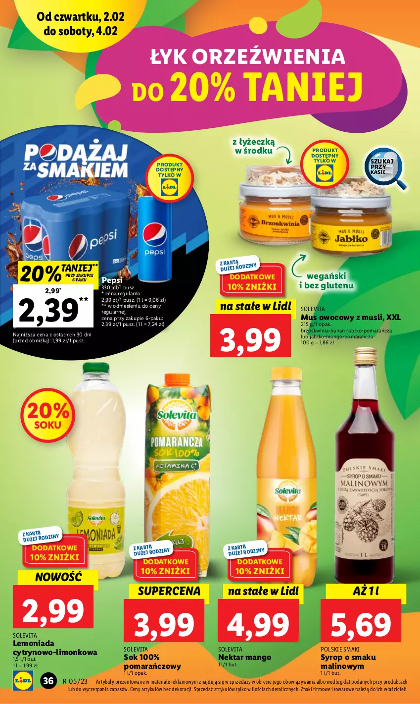 Gazetka promocyjna Lidl - GAZETKA - ważna 02.02 do 04.02.2023 - strona 38 - produkty: Lemoniada, Mango, Mus, Nektar, Pepsi, Sok, Syrop