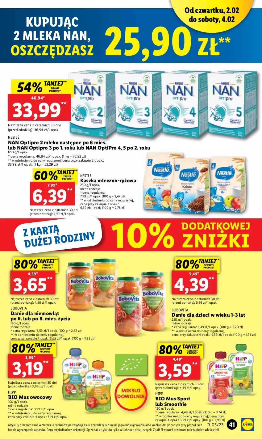 Gazetka promocyjna Lidl - GAZETKA - ważna 02.02 do 04.02.2023 - strona 45 - produkty: BoboVita, Danie dla dzieci, Dzieci, HiPP, Hipp Bio, Mleko, Mus, NAN Optipro, Nestlé, O nas, Por, Ryż, Smoothie, Sport