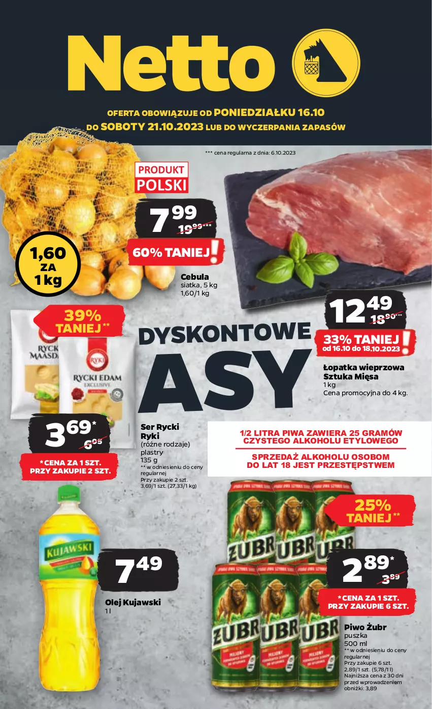 Gazetka promocyjna Netto - Artykuły spożywcze - ważna 16.10 do 21.10.2023 - strona 1 - produkty: Cebula, Gra, Kujawski, Olej, Piwa, Piwo, Ser, Siatka