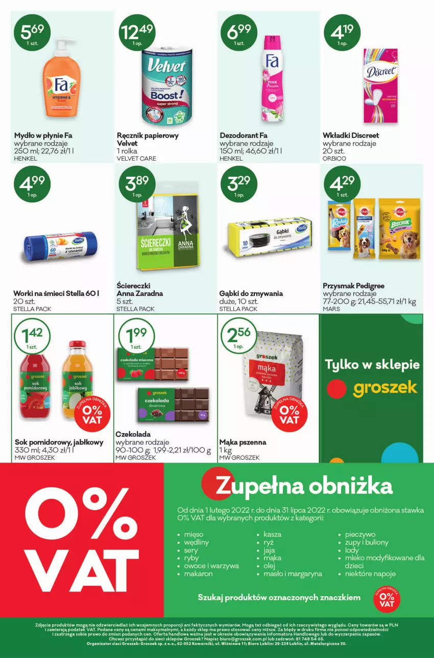 Gazetka promocyjna Groszek - ważna 03.03 do 15.03.2022 - strona 12 - produkty: BIC, Biuro, Czekolada, Czekolada mleczna, Deser, Dezodorant, Discreet, Fa, Gra, Groszek, Mąka, Mąka pszenna, Mars, Mydło, Mydło w płynie, Papier, Pedigree, Por, Ręcznik, Ser, Sok, Sok pomidorowy, Velvet, Wkładki, Worki na śmiec, Worki na śmieci