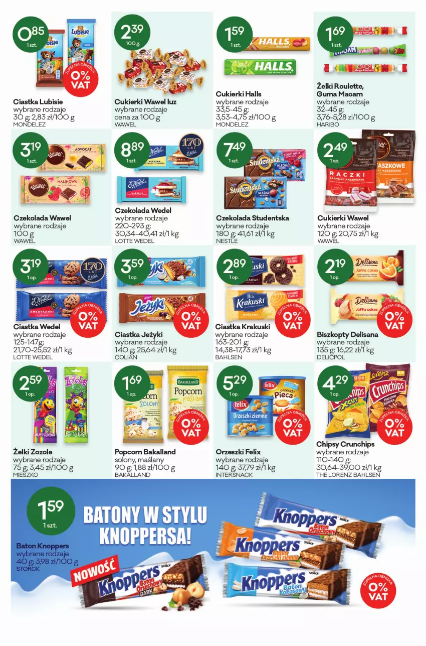 Gazetka promocyjna Groszek - ważna 03.03 do 15.03.2022 - strona 9 - produkty: Bakalland, Baton, Biszkopty, Chipsy, Ciastka, Crunchips, Cukier, Cukierki, Czekolada, Felix, Halls, Haribo, Isana, Jeżyki, Knoppers, Krakus, Krakuski, Lorenz, Lubisie, Orzeszki, Popcorn, Wawel