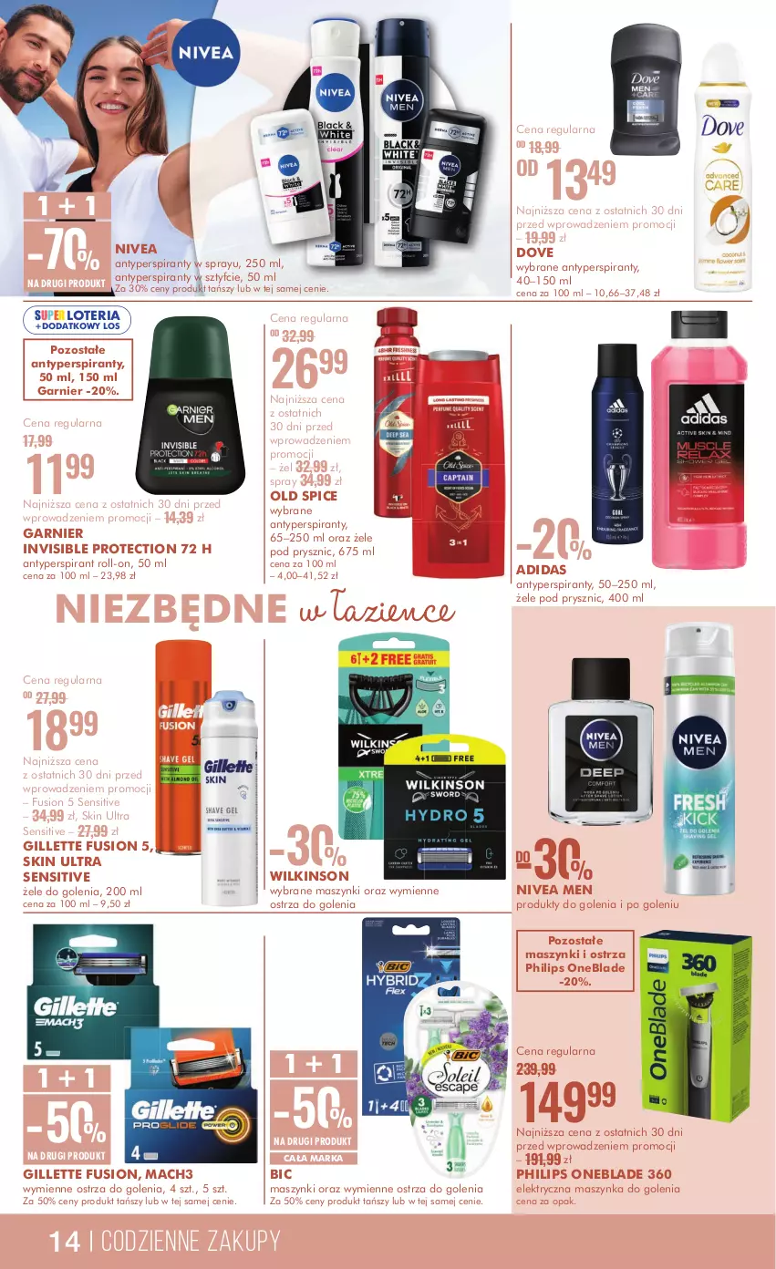 Gazetka promocyjna Super Pharm - Gazetka - ważna 14.10 do 29.10.2024 - strona 14 - produkty: Adidas, Antyperspirant, BIC, Dove, Fusion, Garnier, Gillette, Mach3, Maszynka, Maszynka do golenia, Nivea, Nivea Men, Old Spice, Philips, Philips OneBlade, Szynka