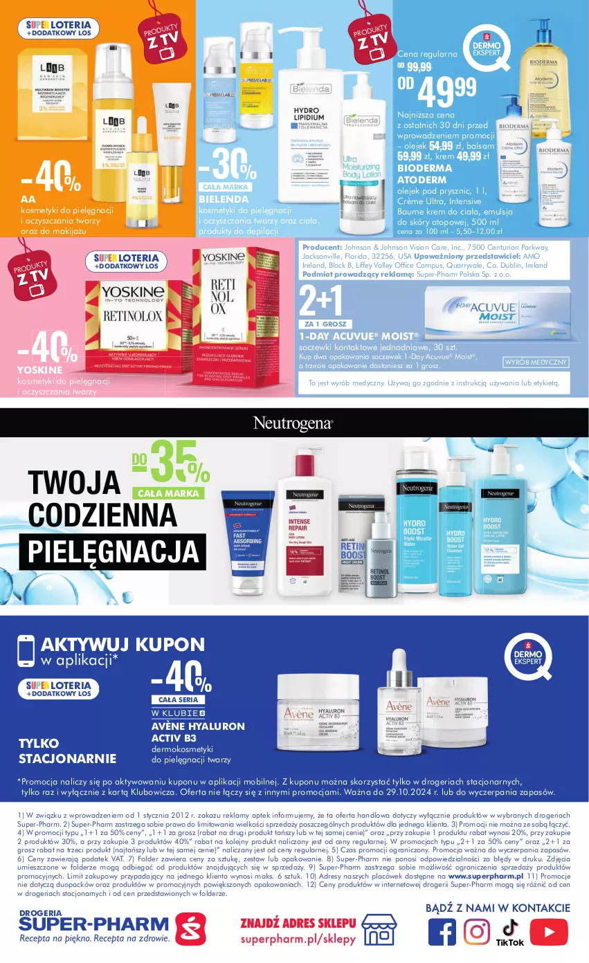 Gazetka promocyjna Super Pharm - Gazetka - ważna 14.10 do 29.10.2024 - strona 20 - produkty: Atoderm, Avène, Bielenda, Bioderma, Dres, Emulsja, Gra, Kosmetyki do pielęgnacji, Krem do ciała, Makijaż, Mobil, Olej, Olejek pod prysznic, Ser, Soczewki kontaktowe, Top, Yoskine