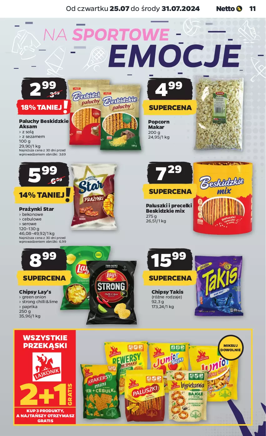 Gazetka promocyjna Netto - Artykuły spożywcze - ważna 25.07 do 31.07.2024 - strona 11 - produkty: Aksam, Beko, Beskidzki, Chipsy, Gra, Lay’s, Popcorn, Precelki, Ser, Sezam