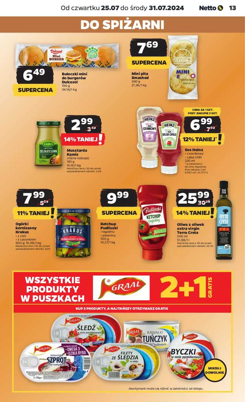 Gazetka promocyjna Netto - Artykuły spożywcze - ważna 25.07 do 31.07.2024 - strona 13 - produkty: Bułeczki, Burger, Gin, Gra, Heinz, Kamis, Ketchup, Korniszony, Krakus, Mus, Musztarda, Oliwa z oliwek, Pudliszki, Salsa, Sos