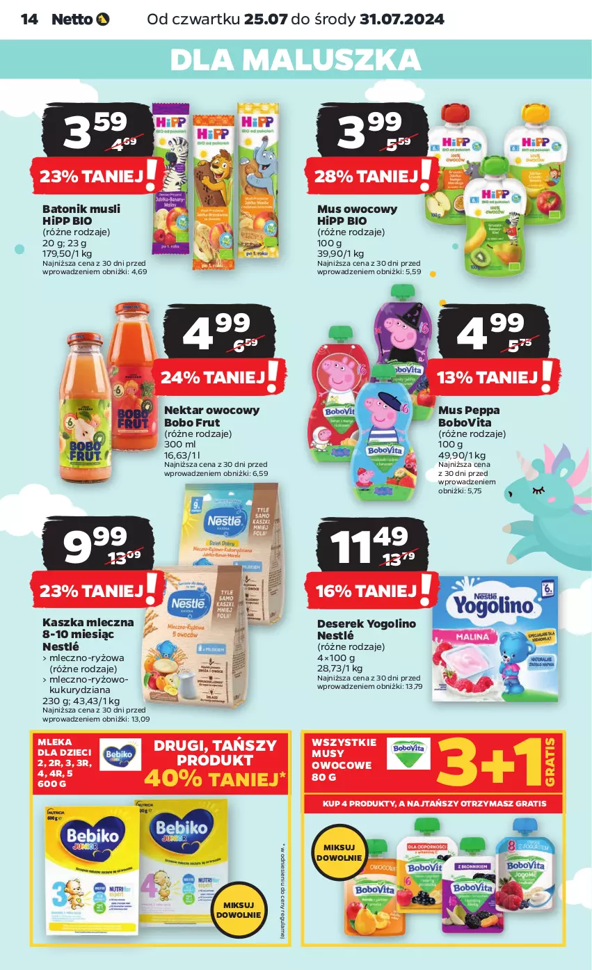 Gazetka promocyjna Netto - Artykuły spożywcze - ważna 25.07 do 31.07.2024 - strona 14 - produkty: Baton, BoboVita, Deser, Dzieci, Gra, HiPP, Hipp Bio, Mus, Nektar, Nestlé, Ryż, Ser, Serek, Tonik