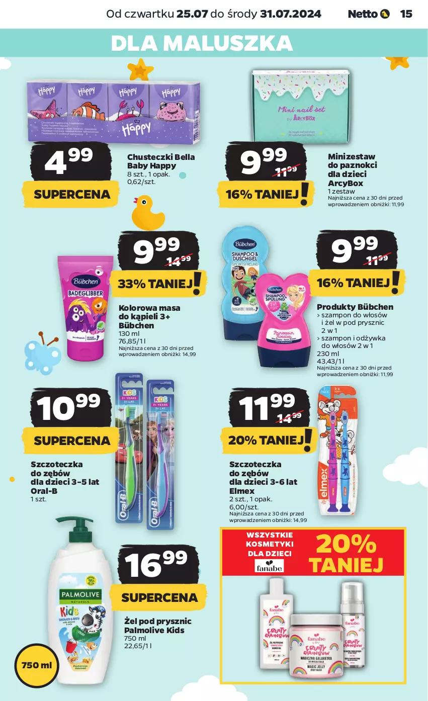 Gazetka promocyjna Netto - Artykuły spożywcze - ważna 25.07 do 31.07.2024 - strona 15 - produkty: Bell, Bella, Chusteczki, Dzieci, Elmex, Kosmetyki dla dzieci, Odżywka, Palmolive, Szampon, Szczoteczka, Szczoteczka do zębów, Zestaw do paznokci