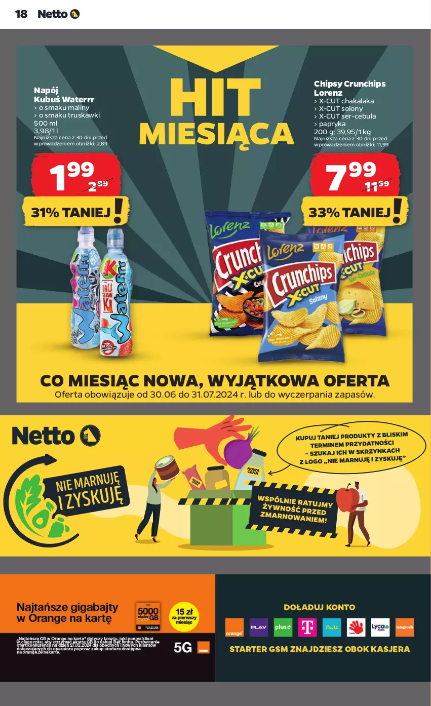 Gazetka promocyjna Netto - Artykuły spożywcze - ważna 25.07 do 31.07.2024 - strona 18 - produkty: Cebula, Chipsy, Crunchips, Kubuś, Kubuś Waterrr, Lorenz, Maliny, Napój, Papryka, Ser, Truskawki