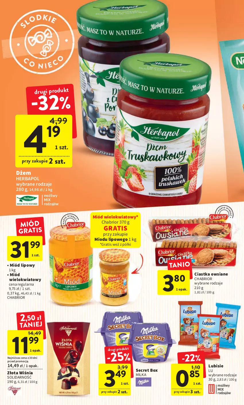 Gazetka promocyjna Intermarche - Gazetka Intermarche - ważna 09.03 do 15.03.2023 - strona 30 - produkty: Chabrior, Ciastka, Ciastka owsiane, Dżem, Gra, Herbapol, Lubisie, Milka, Miód