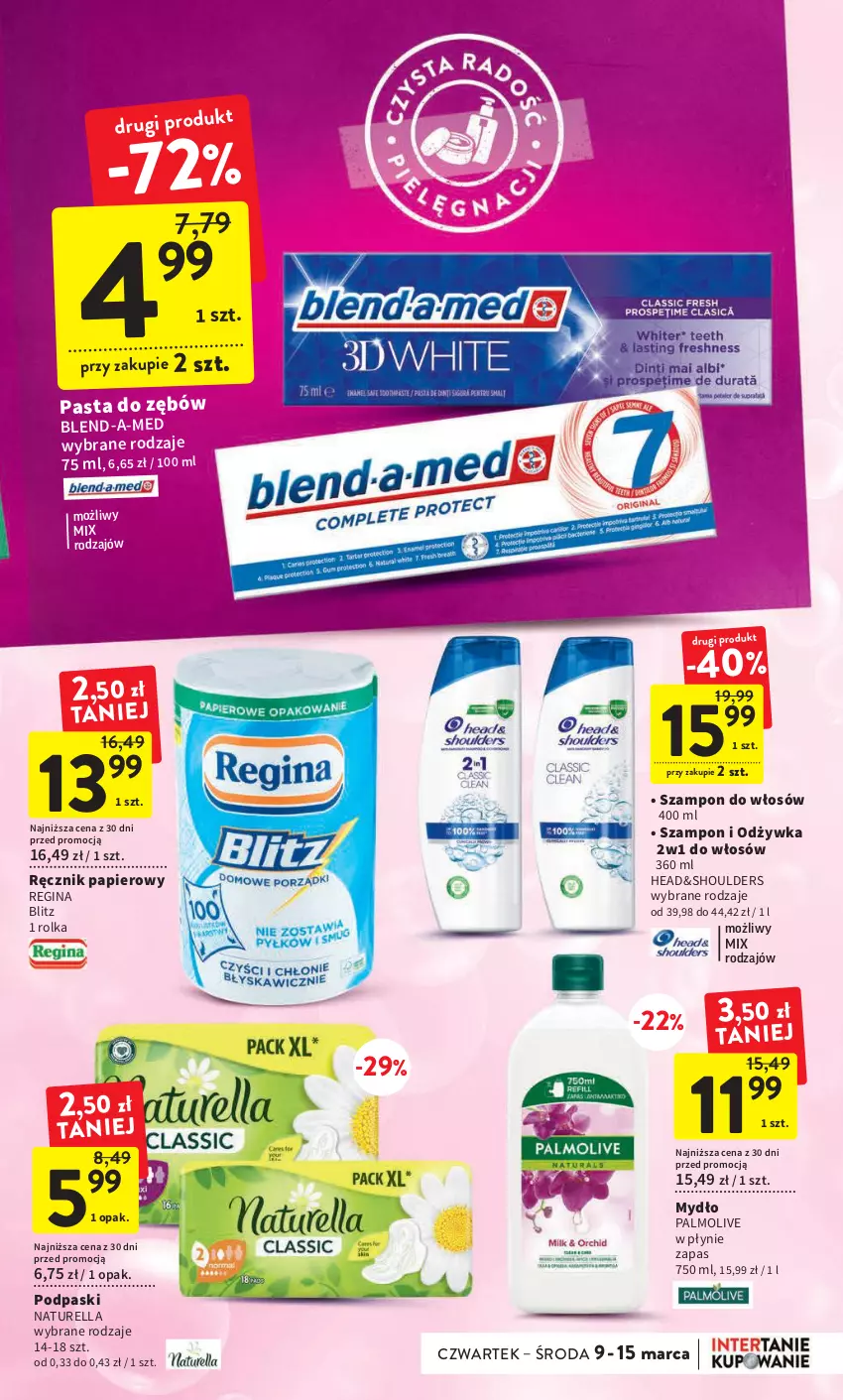 Gazetka promocyjna Intermarche - Gazetka Intermarche - ważna 09.03 do 15.03.2023 - strona 35 - produkty: Blend-a-Med, Gin, Mydło, Naturell, Naturella, Odżywka, Palmolive, Papier, Pasta do zębów, Podpaski, Ręcznik, Szampon