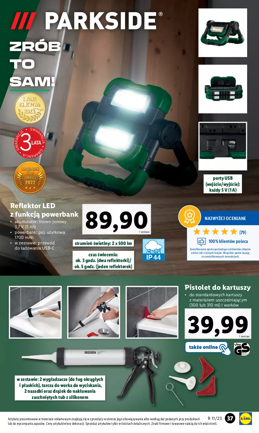 Gazetka promocyjna Lidl - GAZETKA - ważna 13.03 do 18.03.2023 - strona 41 - produkty: Akumulator, Orka, Pistolet, Por, Powerbank, Przewód, Reflektor, Reflektor LED, Rum, Tran, Tusz