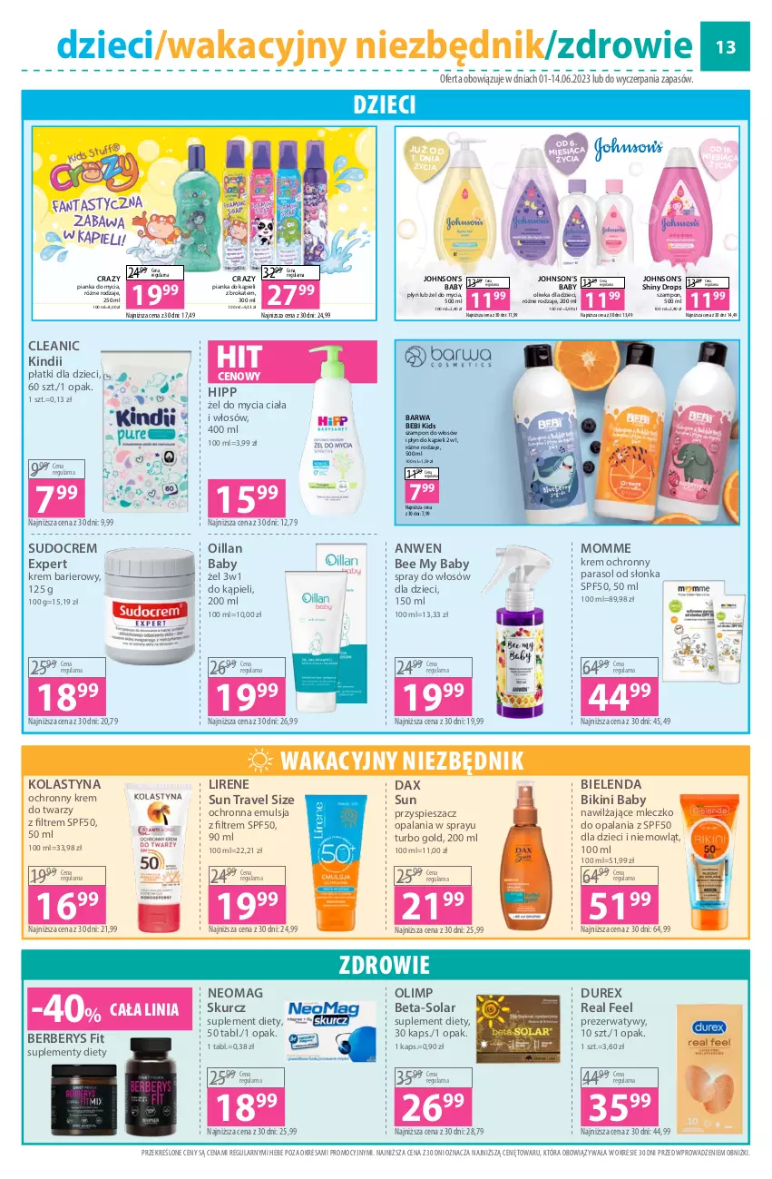 Gazetka promocyjna Hebe - Gazetka - ważna 01.06 do 14.06.2023 - strona 13 - produkty: Baby O, Bielenda, Bikini, Cleanic, DAX, Durex, Dzieci, Emulsja, Fa, Fanta, HiPP, Kindii, Krem do twarzy, Lirene, Mleczko, Ochronny krem, Oillan, Oliwka dla dzieci, Parasol, Płyn do kąpieli, Prezerwatyw, Suplement diety, Szampon, Zdrowie