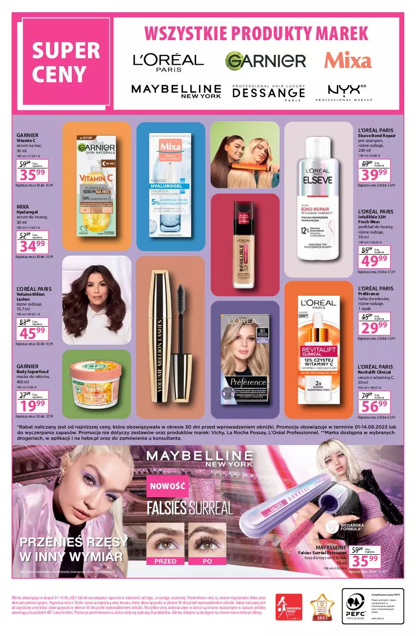 Gazetka promocyjna Hebe - Gazetka - ważna 01.06 do 14.06.2023 - strona 16 - produkty: Bell, Body, Clin, Dres, Elseve, Fa, Farba do włosów, Garnier, L’Oréal, Lack, Lion, Maska, Maska do włosów, Maybelline, Mixa, O nas, Podkład, Podkład do twarzy, Rum, Ser, Serum, Serum do twarzy, Szampon, Tusz