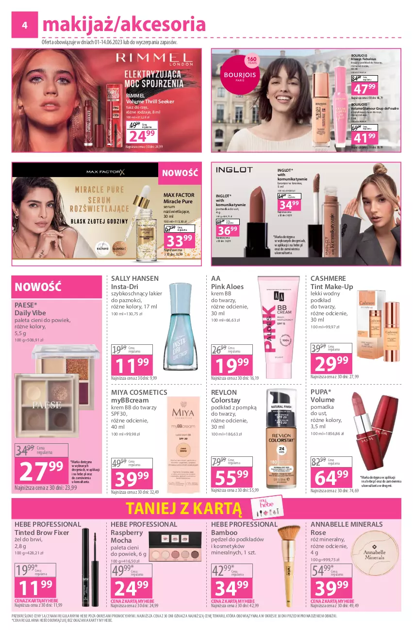 Gazetka promocyjna Hebe - Gazetka - ważna 01.06 do 14.06.2023 - strona 4 - produkty: Always, Bell, Bourjois, Bronzer, Fa, Krem bb, Lakier, Lakier do paznokci, Makijaż, Max Factor, Miya Cosmetics, PAESE, Paleta, Podkład, Podkład do twarzy, Pupa, Pur, Revlon, Rum, Sally Hansen, Ser, Serum, Tusz