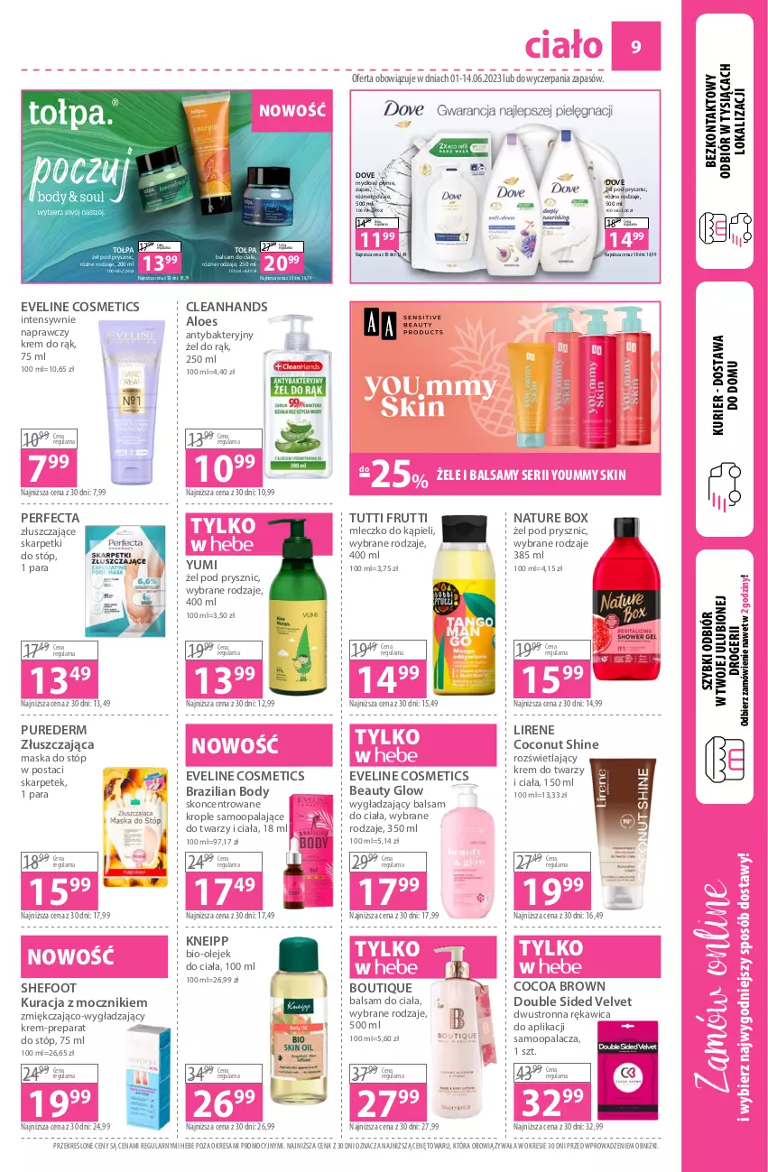 Gazetka promocyjna Hebe - Gazetka - ważna 01.06 do 14.06.2023 - strona 9 - produkty: Balsam do ciała, Body, Dove, Eveline, Karp, Kneipp, Krem do rąk, Krem do twarzy, Lirene, Maska, Maska do stóp, Mleczko, Mydło, Mydło w płynie, Nature Box, Olej, Olejek do ciała, Perfecta, Pur, Ser, Skarpetki, Tołpa, Velvet