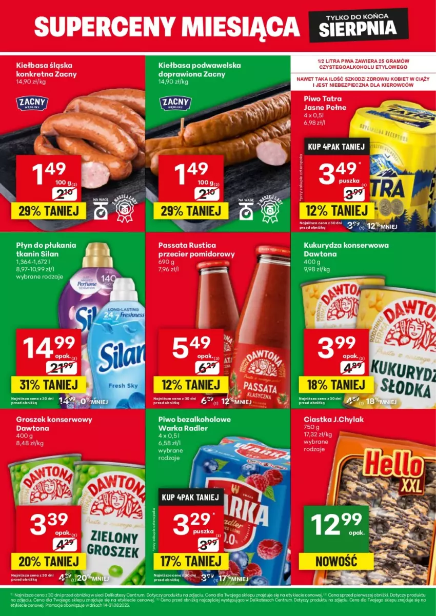 Gazetka promocyjna Delikatesy Centrum - Ulotka Superceny Miesiąca 14.08-31.08 - ważna 14.08 do 31.08.2025 - strona 2 - produkty: Ciastka, Dawtona, Goal, Gra, Groszek, Kiełbasa, Kiełbasa podwawelska, Kiełbasa śląska, Kret, Kukurydza, Kukurydza konserwowa, Piec, Piwa, Piwo, Płyn do płukania, Radler, Rum, Rust, Ser, Silan, Tatra, Warka, Wawel