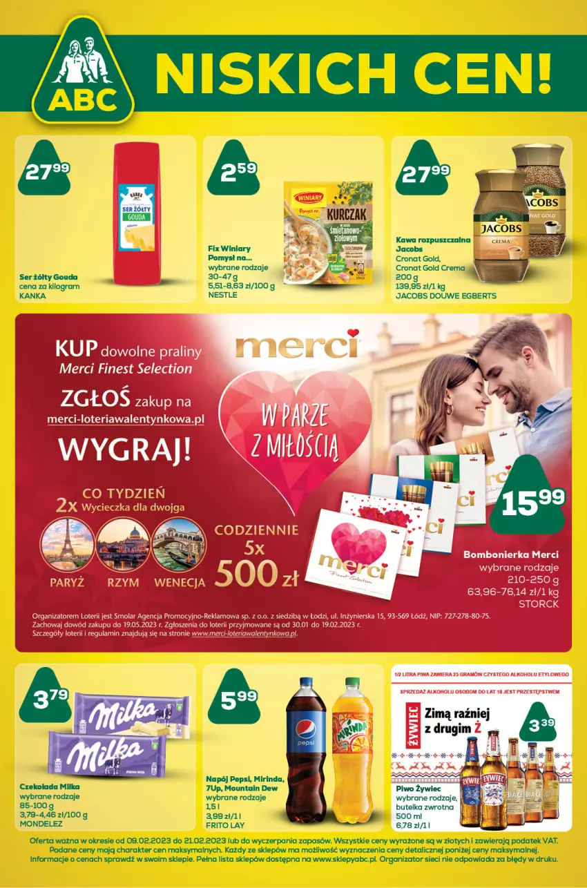 Gazetka promocyjna ABC - Gazetka - ważna 10.02 do 23.02.2023 - strona 1 - produkty: Czekolada, Gouda, Gra, Jacobs, Kawa, Kawa rozpuszczalna, Milka, Mirinda, Napój, Pepsi, Piwo, Ser, Winiary