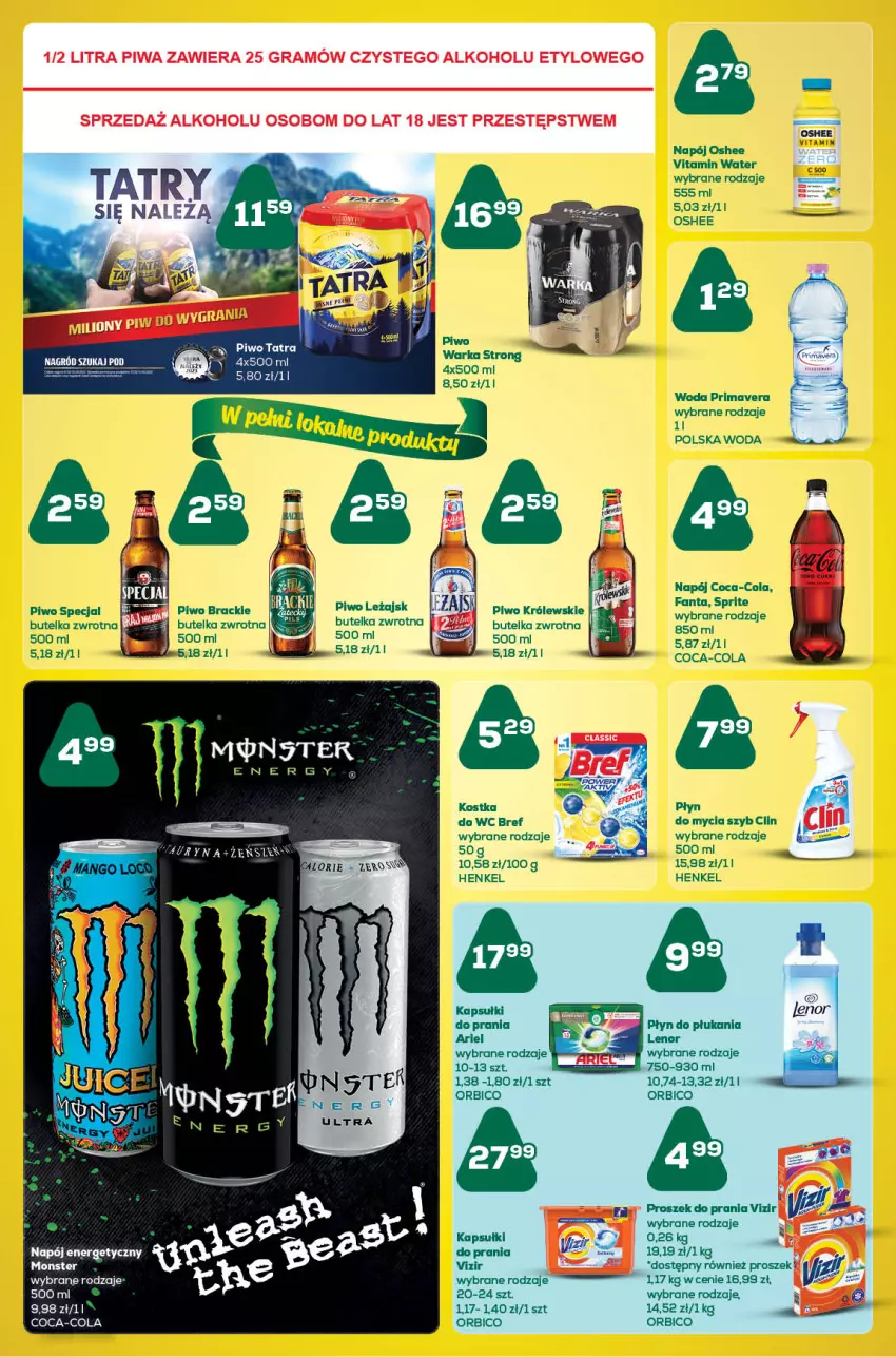 Gazetka promocyjna ABC - Gazetka - ważna 10.02 do 23.02.2023 - strona 4 - produkty: Ariel, BIC, Bref, Clin, Coca-Cola, Fa, Fanta, Królewski, Lenor, Napój, Napój energetyczny, Oshee, Piwo, Płyn do płukania, Płyn do wc, Prima, Primavera, Proszek do prania, Sprite, Vizir, Warka, Woda