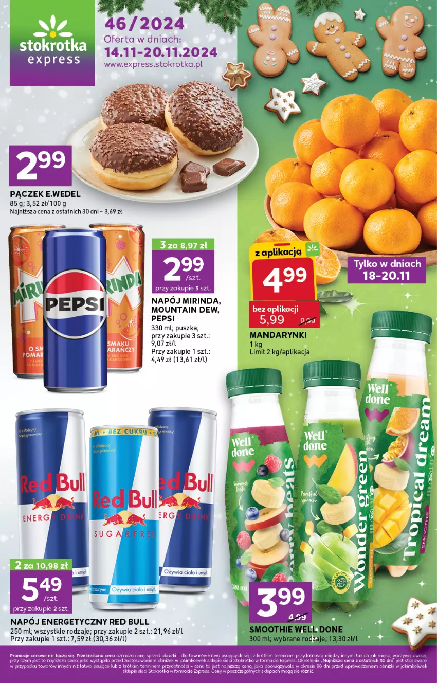 Gazetka promocyjna Stokrotka - Stokrotka Express - ważna 14.11 do 20.11.2024 - strona 1 - produkty: Mandarynki, Mirinda, Napój, Napój energetyczny, Pączek, Pepsi, Red Bull, Smoothie