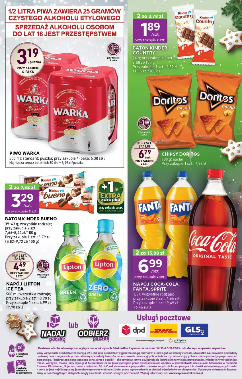 Gazetka promocyjna Stokrotka - Stokrotka Express - ważna 14.11 do 20.11.2024 - strona 3 - produkty: Baton, Coca-Cola, Fa, Fanta, Ice tea, Kinder, Kinder Bueno, Lipton, Napój, Owoce, Piwo, Sprite, Warka, Warzywa