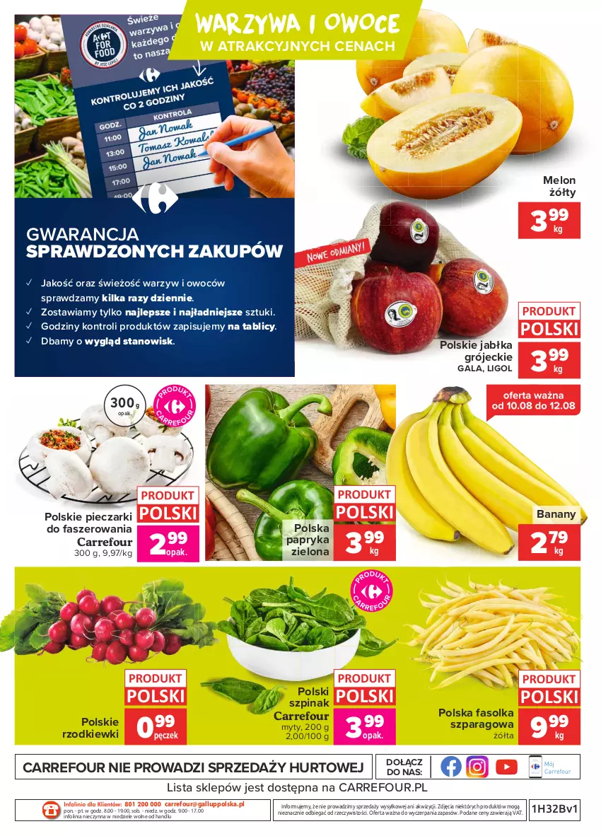 Gazetka promocyjna Carrefour - Gazetka Targi świeżości - ważna 09.08 do 16.08.2021 - strona 4 - produkty: Banany, Fa, Gala, HP, Jabłka, Ligol, Melon, O nas, Owoce, Papryka, Piec, Szpinak, Warzywa, Warzywa i owoce