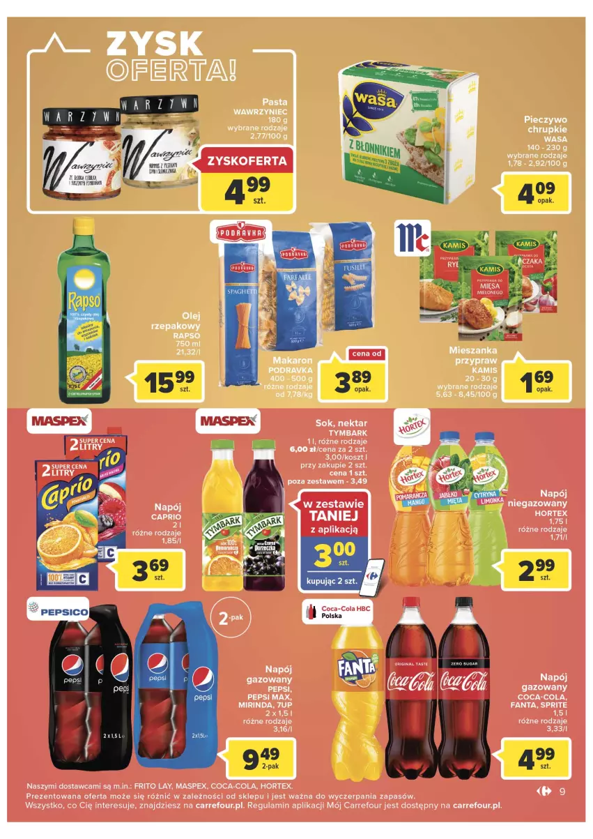 Gazetka promocyjna Carrefour - Gazetka Market - ważna 01.03 do 12.03.2022 - strona 9 - produkty: 7up, Chrupki, Coca-Cola, Fa, Fanta, Hortex, Kamis, Kosz, LG, Makaron, Mirinda, Napój, Napój gazowany, Nektar, Olej, Olej rzepakowy, Pepsi, Pepsi max, Piec, Pieczywo, Pieczywo chrupkie, Podravka, Sok, Sprite, Tymbark, Wasa