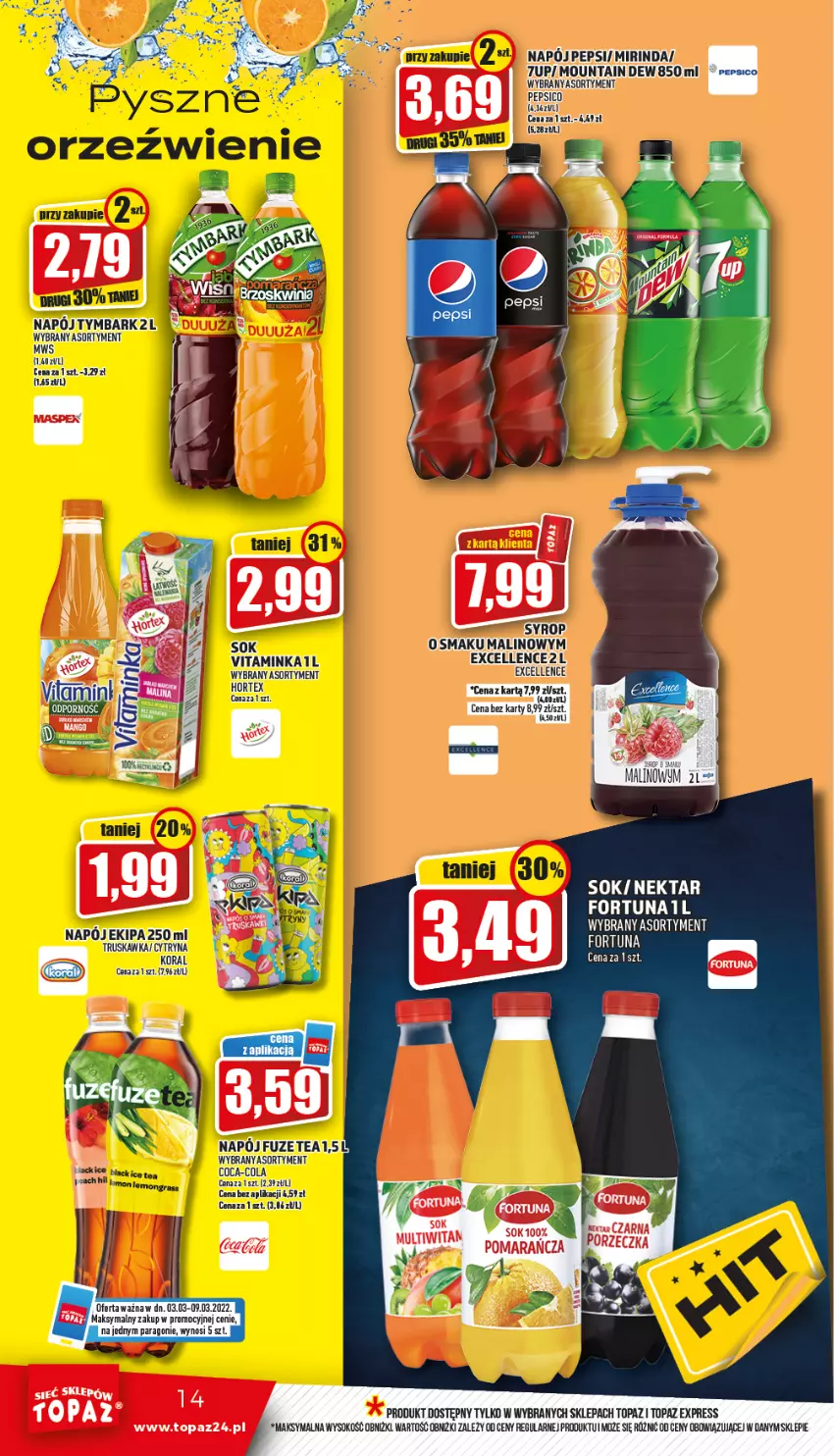 Gazetka promocyjna Topaz - Gazetka - ważna 03.03 do 09.03.2022 - strona 14 - produkty: 7up, Fortuna, K2, Mirinda, Napój, Nektar, Pepsi, Por, Sok, Top, Tymbark