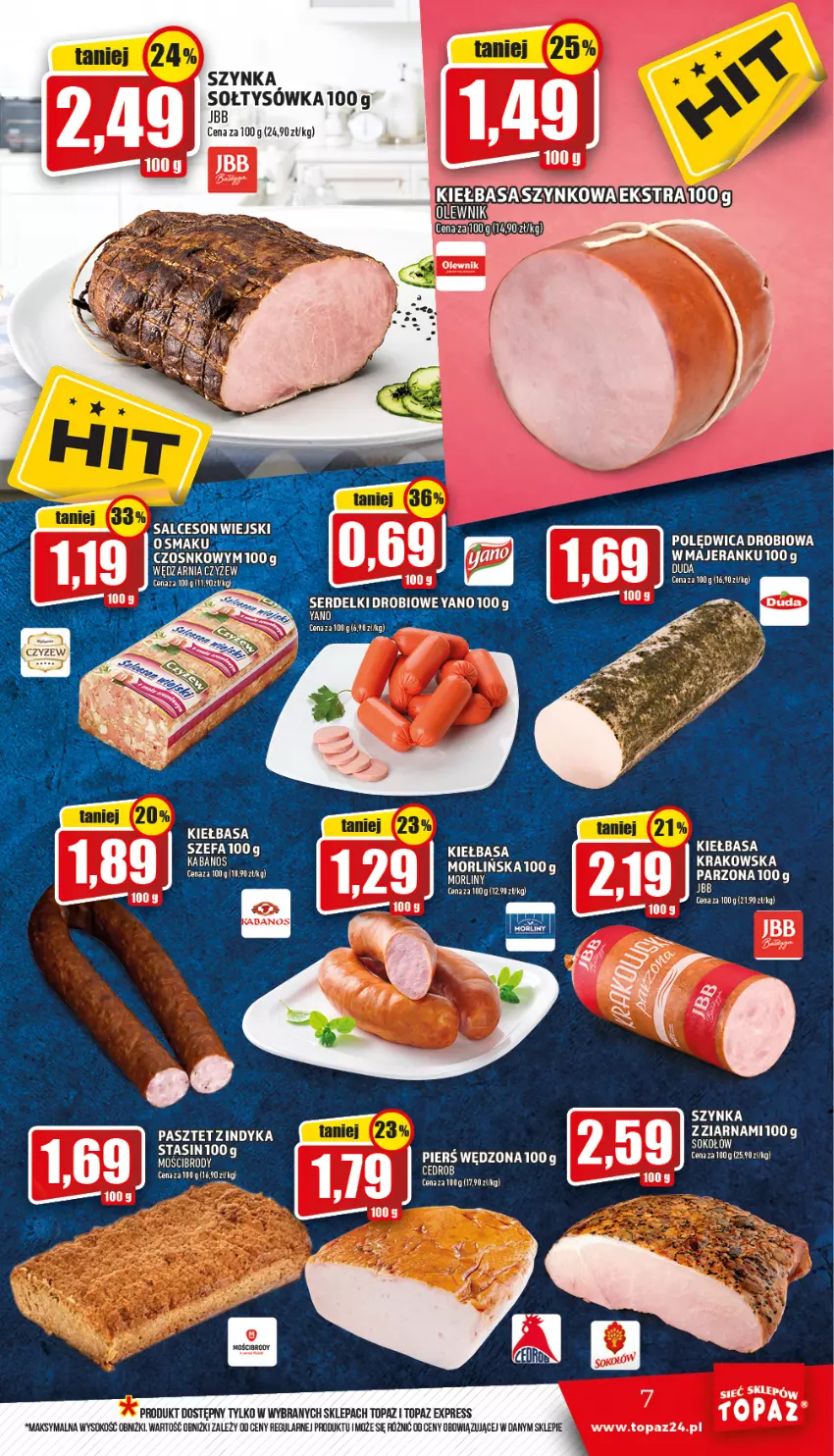 Gazetka promocyjna Topaz - Gazetka - ważna 03.03 do 09.03.2022 - strona 7 - produkty: Kiełbasa, Pasztet, Sok, Szynka, Top