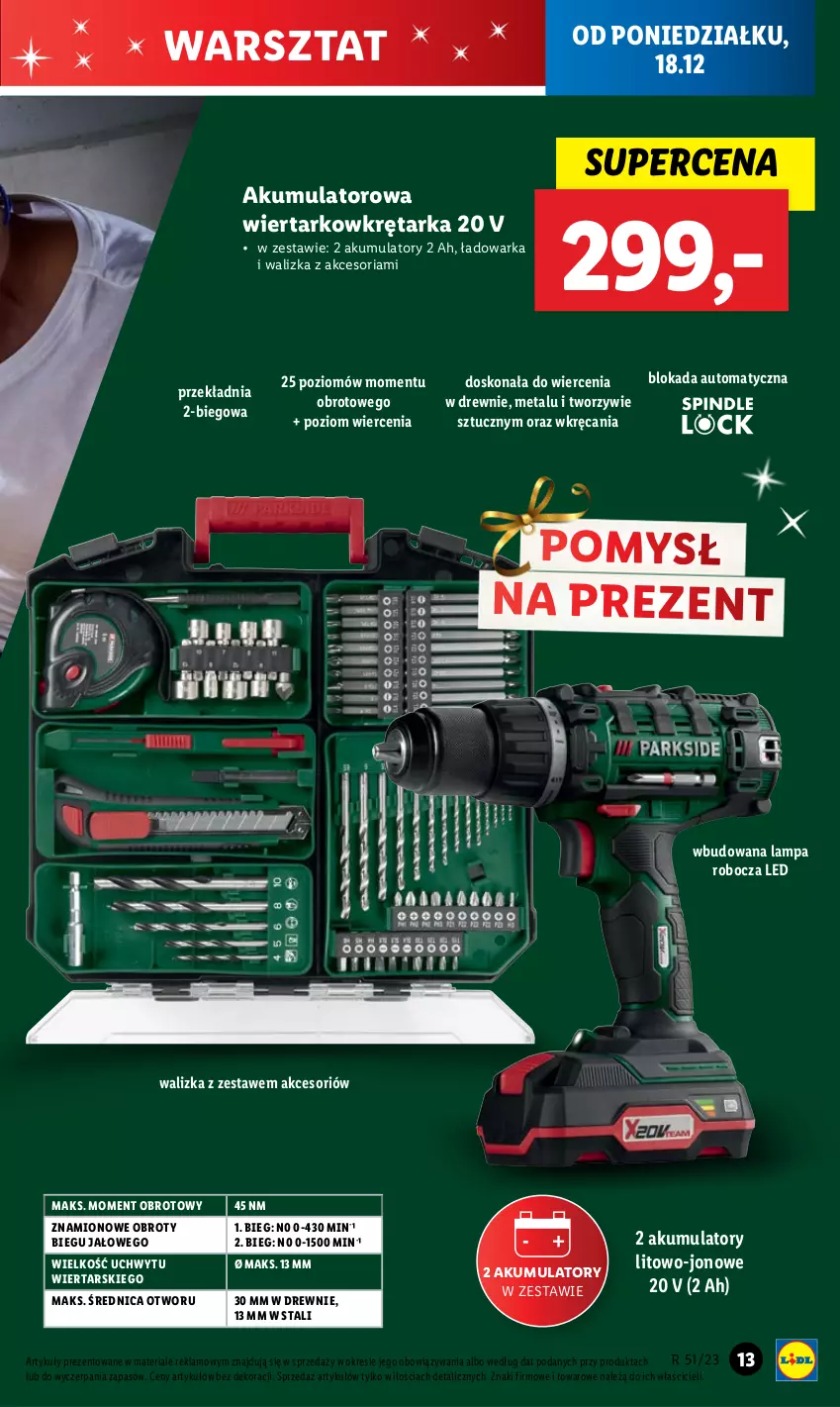 Gazetka promocyjna Lidl - GAZETKA - ważna 18.12 do 23.12.2023 - strona 19 - produkty: Akumulator, Akumulatorowa wiertarkowkrętark, Lampa, Lampa robocza LED, Tarka, Walizka, Warka, Wiertarkowkrętarka, Wkręt, Wkrętarka