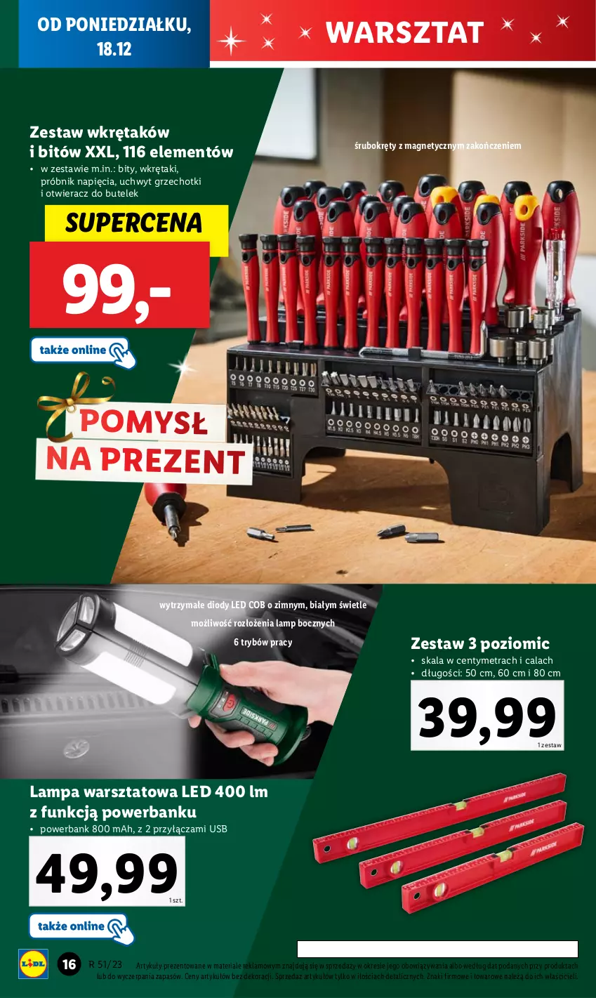 Gazetka promocyjna Lidl - GAZETKA - ważna 18.12 do 23.12.2023 - strona 22 - produkty: Lampa, Otwieracz, Powerbank, Wkręt, Zestaw wkrętaków