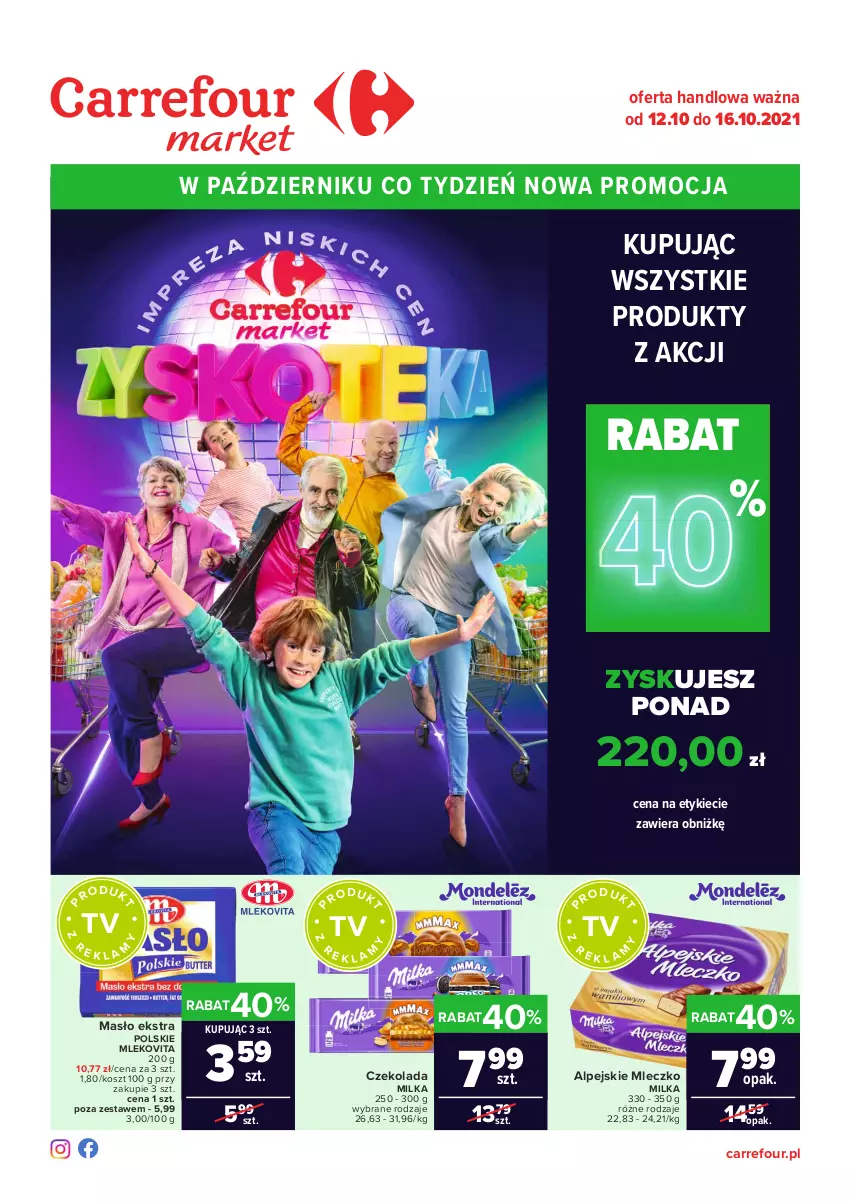 Gazetka promocyjna Carrefour - Gazetka Market Zyskoteka - ważna 12.10 do 17.10.2021 - strona 1 - produkty: Czekolada, Kosz, Masło, Milka, Mleczko, Mleko, Mlekovita