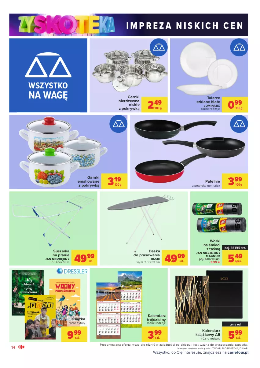 Gazetka promocyjna Carrefour - Gazetka Market Zyskoteka - ważna 12.10 do 17.10.2021 - strona 14 - produkty: Deska do prasowania, Jan Niezbędny, Kalendarz, Książka, Suszarka, Suszarka na pranie, Talerz, Worki na śmiec, Worki na śmieci