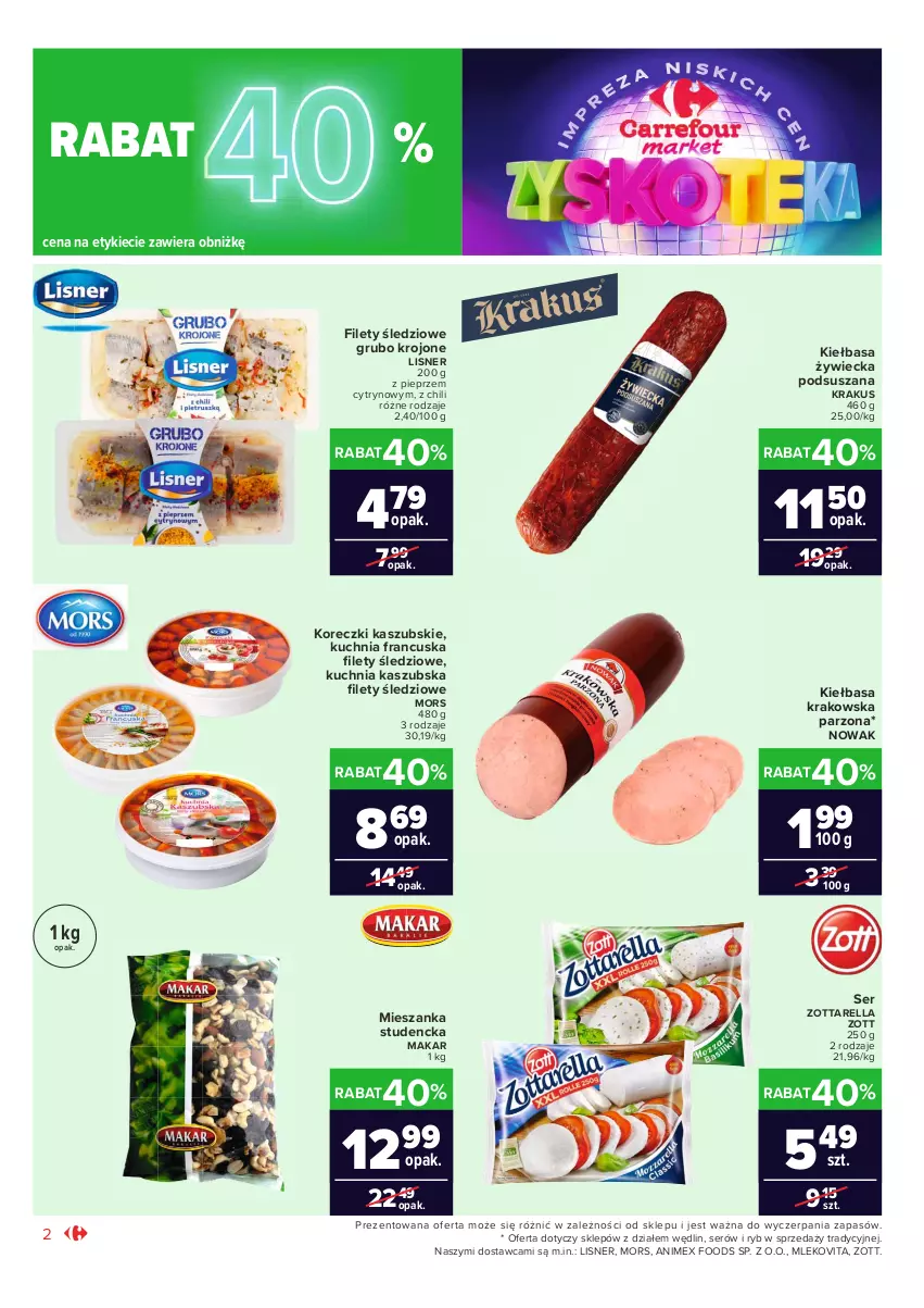 Gazetka promocyjna Carrefour - Gazetka Market Zyskoteka - ważna 12.10 do 17.10.2021 - strona 2 - produkty: Kiełbasa, Kiełbasa krakowska, Koreczki kaszubskie, Krakus, Kuchnia, Lisner, Mieszanka studencka, Mleko, Mlekovita, NOWAK, Pieprz, Ser, Zott, Zottarella