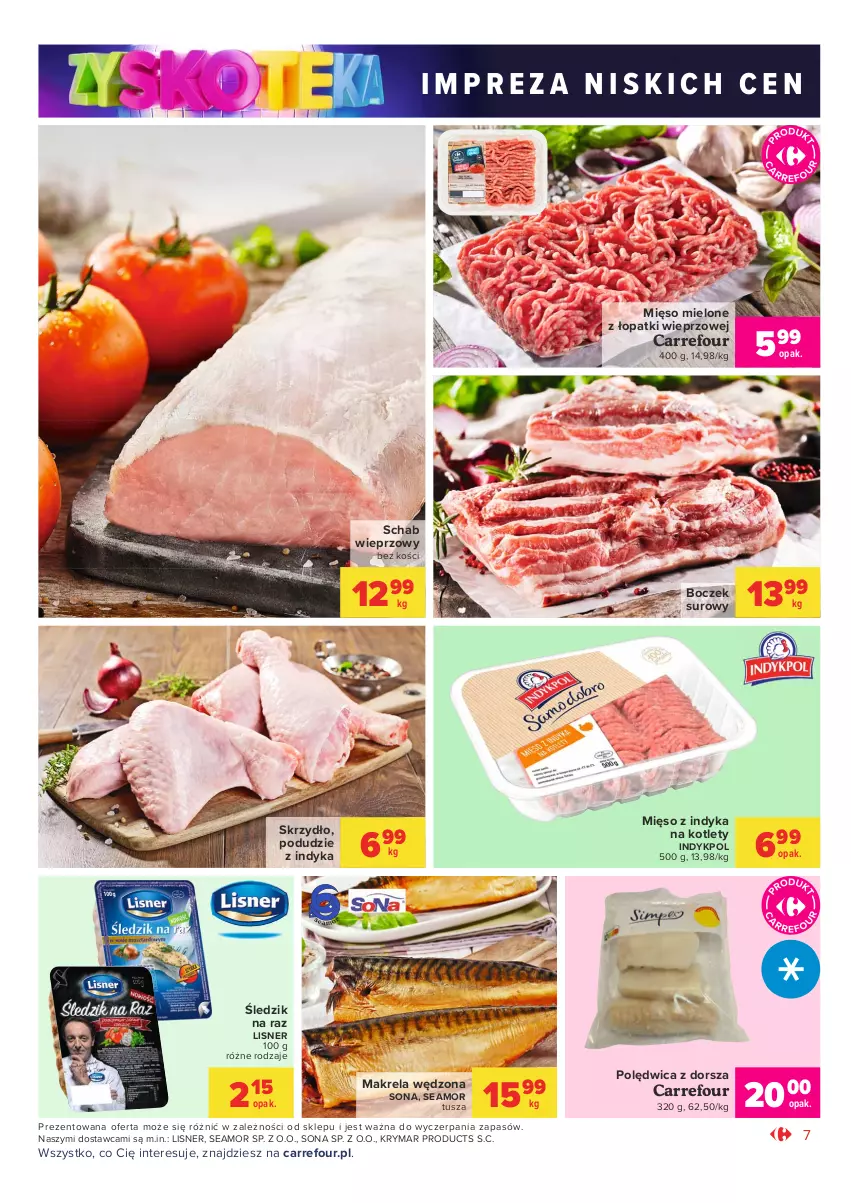 Gazetka promocyjna Carrefour - Gazetka Market Zyskoteka - ważna 12.10 do 17.10.2021 - strona 7 - produkty: Boczek, Dorsz, Kotlet, Lisner, Mięso, Mięso mielone, Mięso mielone z łopatki wieprzowej, Mięso z indyka, Polędwica, Schab wieprzowy, Tusz