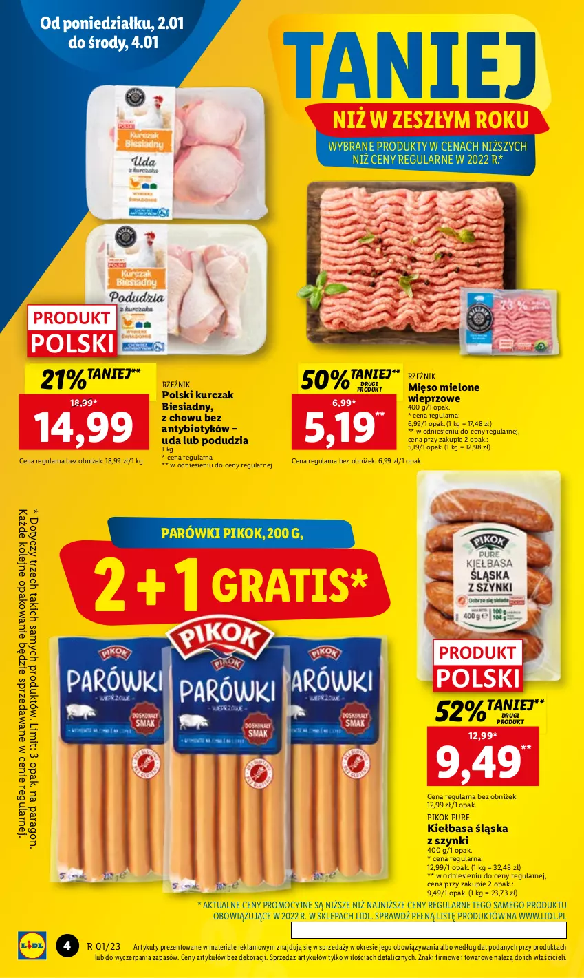 Gazetka promocyjna Lidl - GAZETKA - ważna 02.01 do 04.01.2023 - strona 4 - produkty: Gra, Kiełbasa, Kiełbasa śląska, Kurczak, Mięso, Mięso mielone, Olej, Parówki, PIKOK, Pur