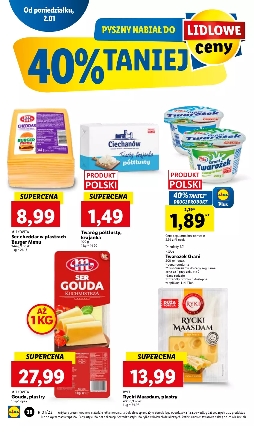 Gazetka promocyjna Lidl - GAZETKA - ważna 02.01 do 04.01.2023 - strona 42 - produkty: Burger, Cheddar, Gouda, Gra, Maasdam, Mleko, Mlekovita, Pilos, Ser, Twaróg, Twaróg półtłusty