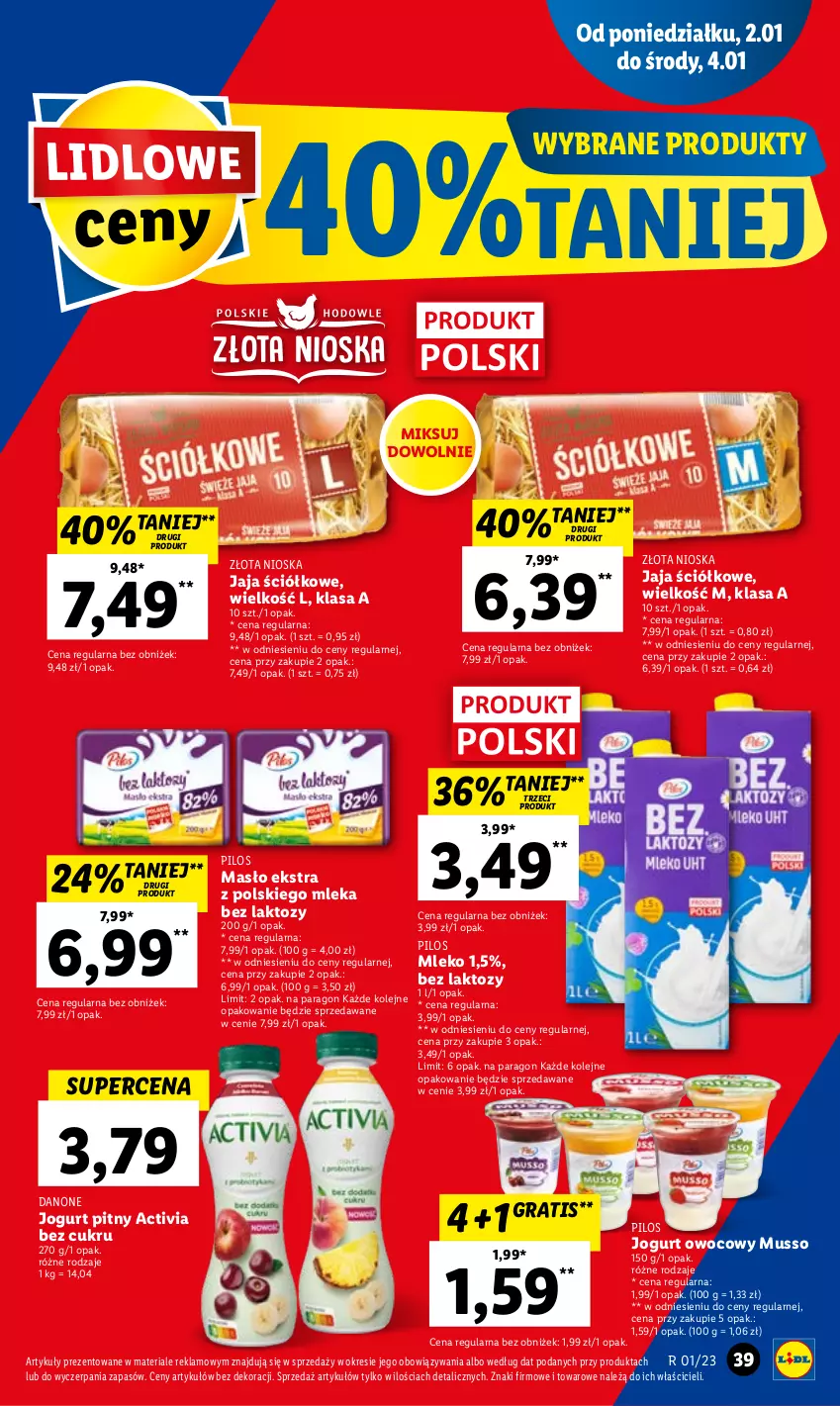 Gazetka promocyjna Lidl - GAZETKA - ważna 02.01 do 04.01.2023 - strona 43 - produkty: Activia, Danone, Gra, Jaja, Jogurt, Jogurt owocowy, Jogurt pitny, Masło, Mleko, Mus, Olej, Pilos