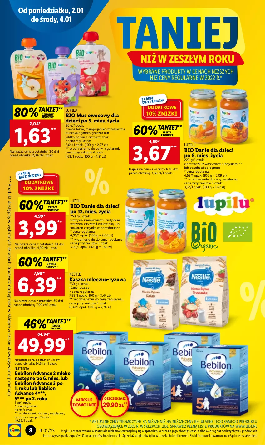 Gazetka promocyjna Lidl - GAZETKA - ważna 02.01 do 04.01.2023 - strona 8 - produkty: BEBILON, Danie dla dzieci, Dzieci, Makaron, Mango, Mleko, Mus, Nestlé, O nas, Orka, Owoce, Ryż, Spaghetti, Warzywa