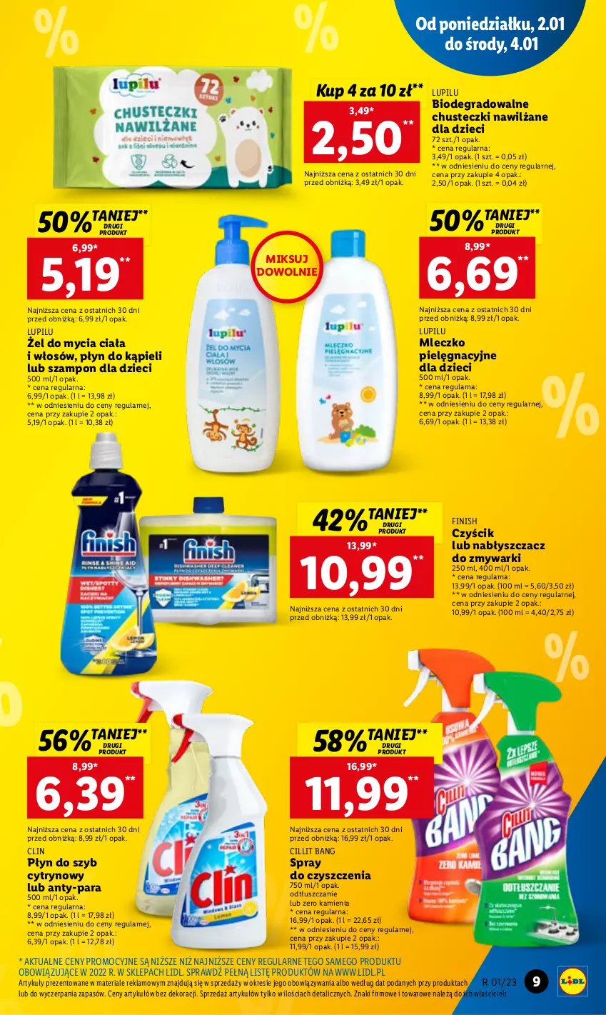 Gazetka promocyjna Lidl - GAZETKA - ważna 02.01 do 04.01.2023 - strona 9 - produkty: Chusteczki, Cillit Bang, Clin, Dzieci, Finish, Gra, Mleczko, Płyn do kąpieli, Płyn do szyb, Spray do czyszczenia, Szampon, Zmywarki