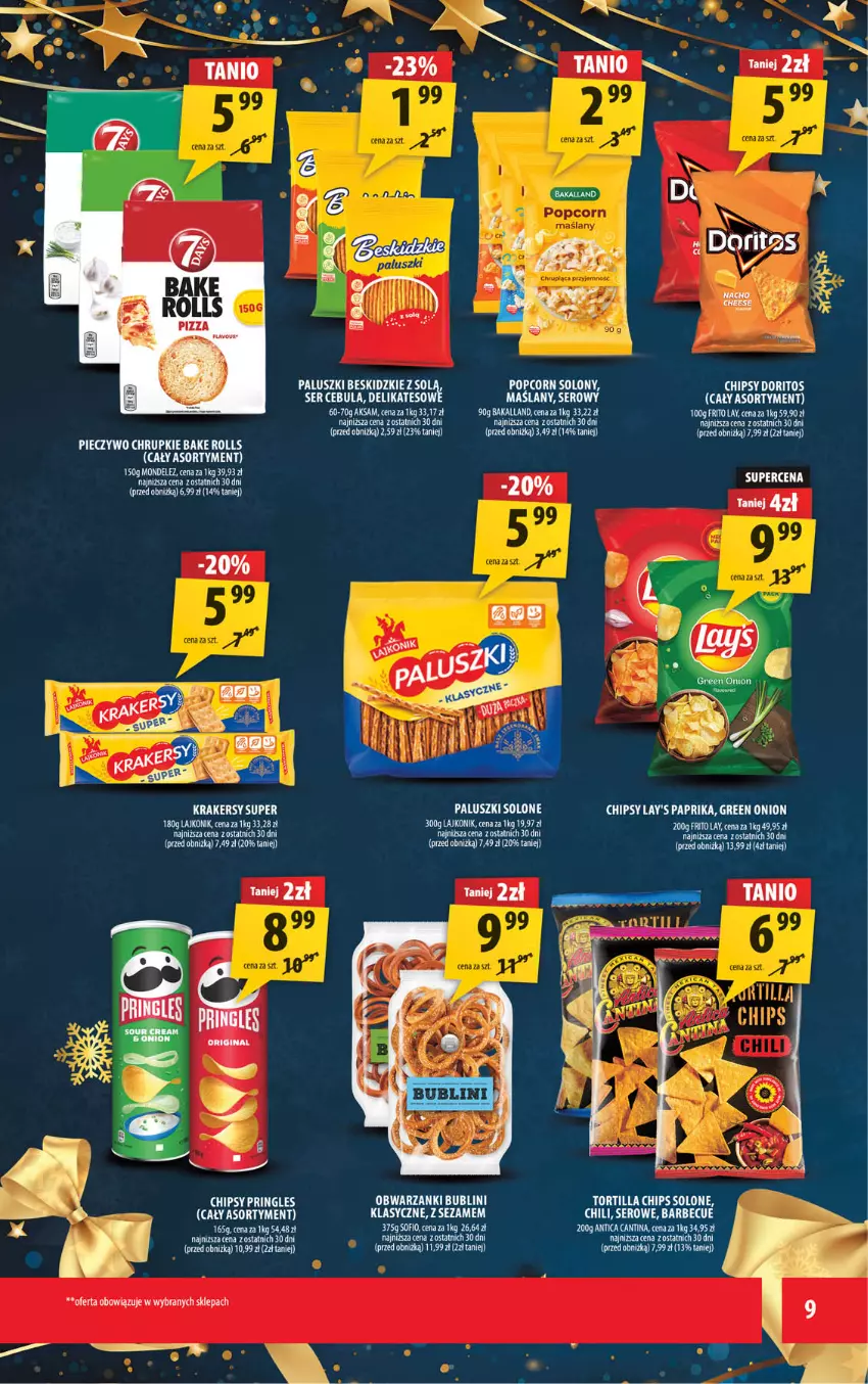 Gazetka promocyjna Arhelan - Gazetka - ważna 29.12.2025 do 11.01.2026 - strona 9 - produkty: Aksam, Bakalland, Bake Rolls, Beskidzki, Cebula, Chipsy, Chrupki, Krakersy, Lajkonik, Piec, Pieczywo, Pieczywo chrupkie, Popcorn, Ser, Sezam, Tortilla, Tortilla Chips